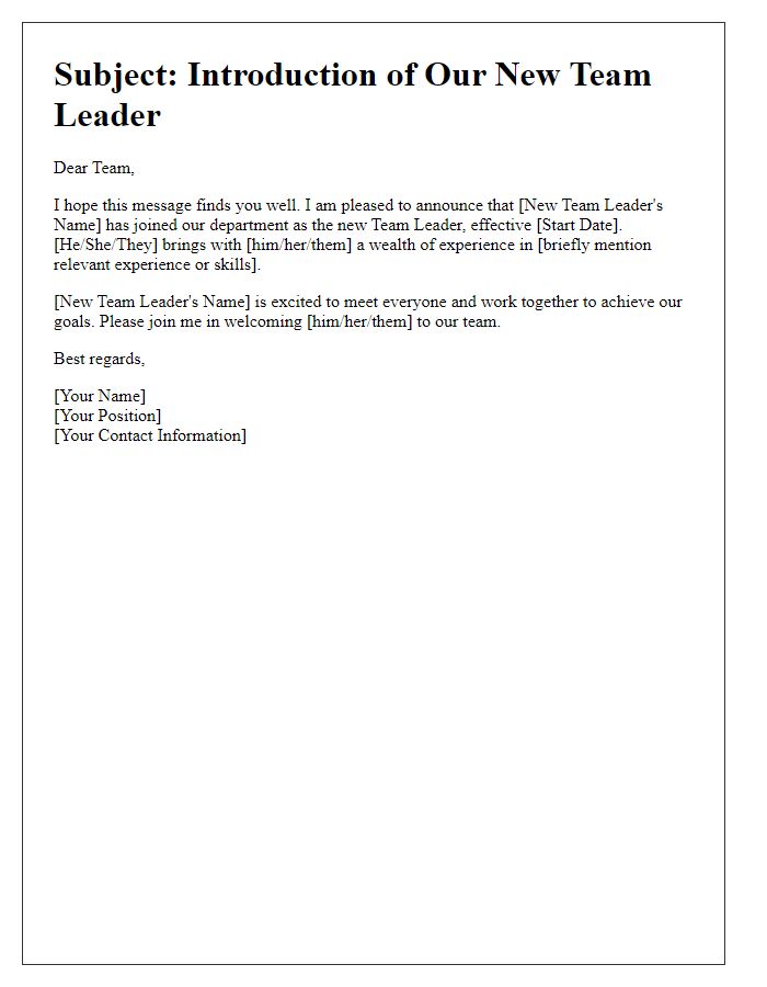 Letter template of formal introduction for a new team leader in the department.