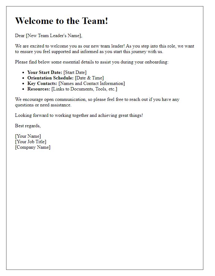 Letter template of onboarding message for a new team leader.