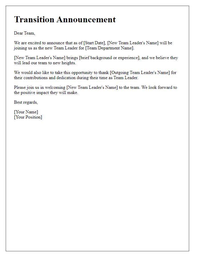 Letter template of transition announcement for a new team leader.