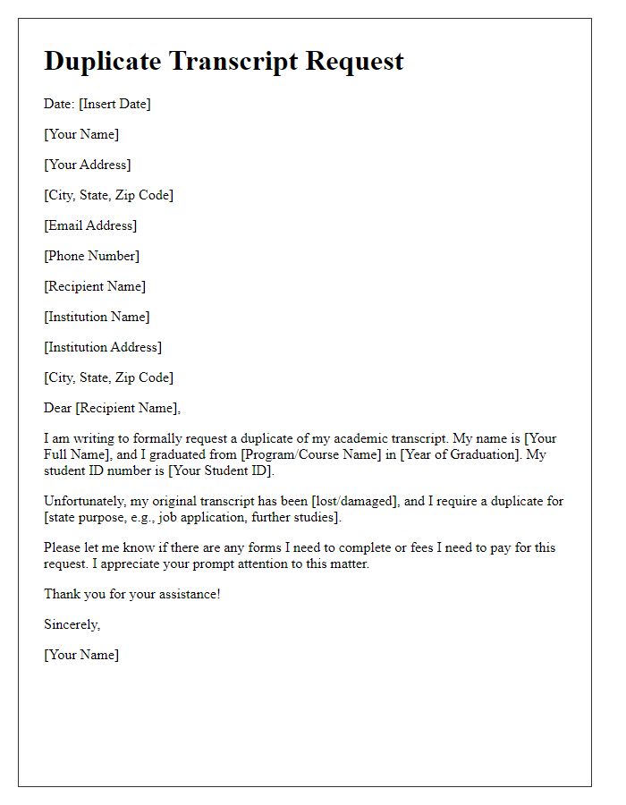Letter template of Duplicate Transcript Request