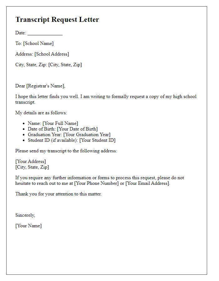 Letter template of High School Transcript Request