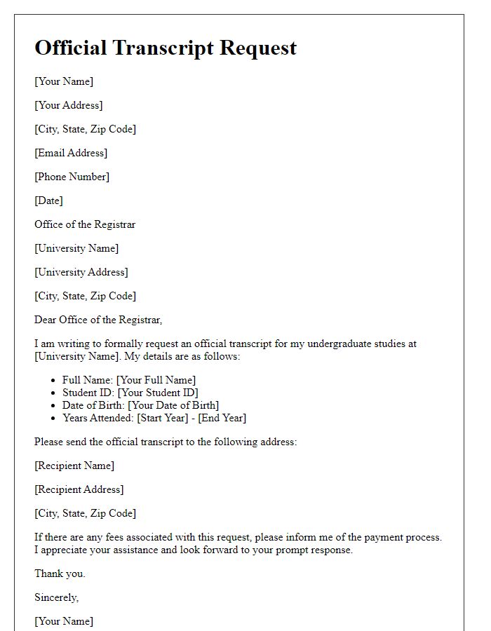 Letter template of Official Transcript Request for Undergraduate Studies