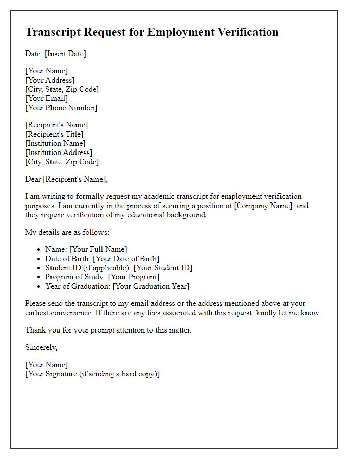 Letter template of Transcript Request for Employment Verification