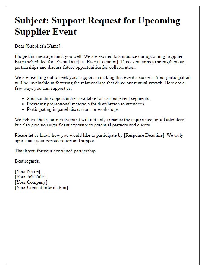 Letter template of supplier event support appeal.