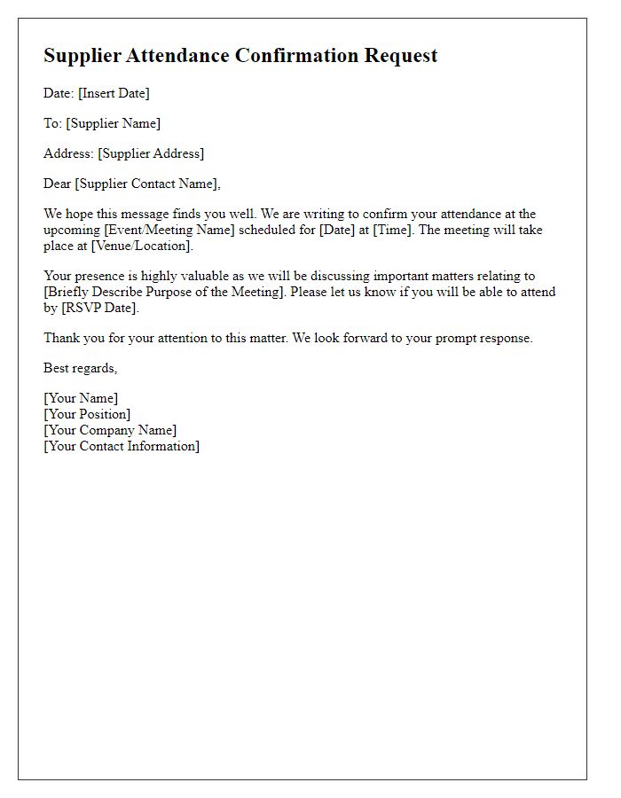 Letter template of Supplier Attendance Confirmation Request