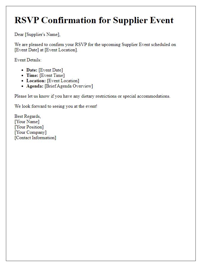 Letter template of Supplier Event RSVP Confirmation