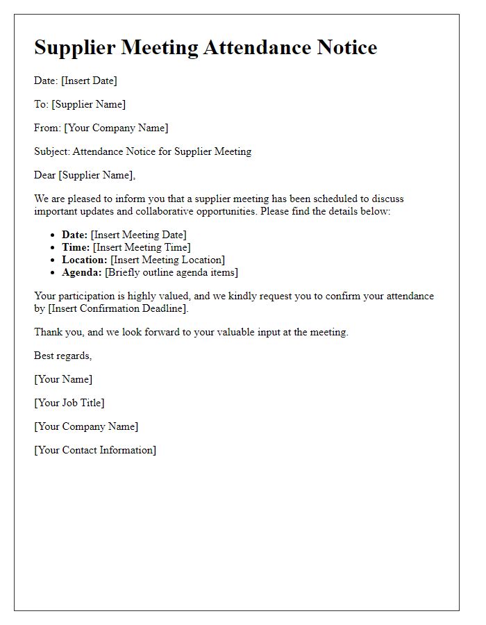 Letter template of Supplier Meeting Attendance Notice