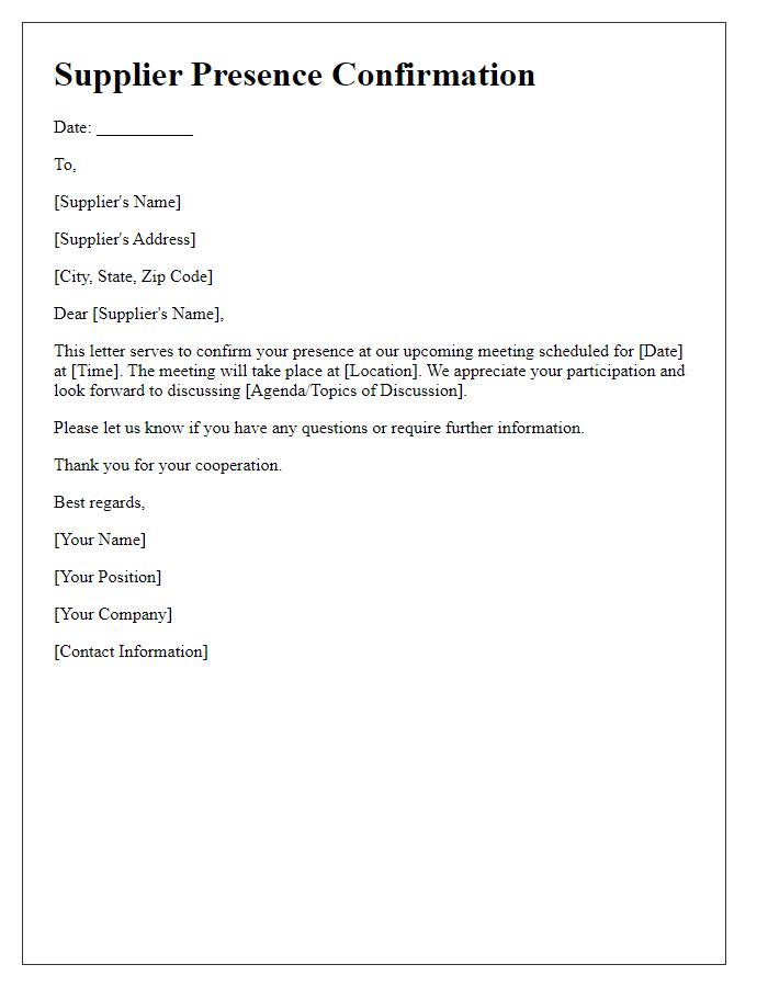 Letter template of Supplier Presence Confirmation