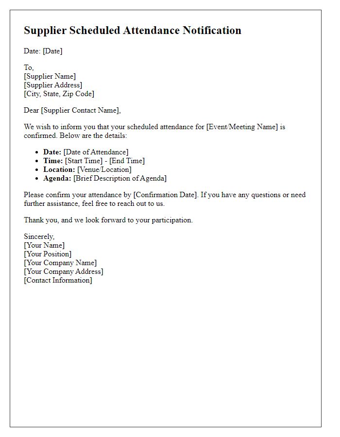 Letter template of Supplier Scheduled Attendance Notification