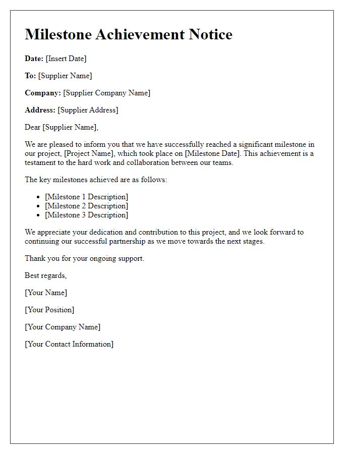 Letter template of supplier project milestone achievement notice