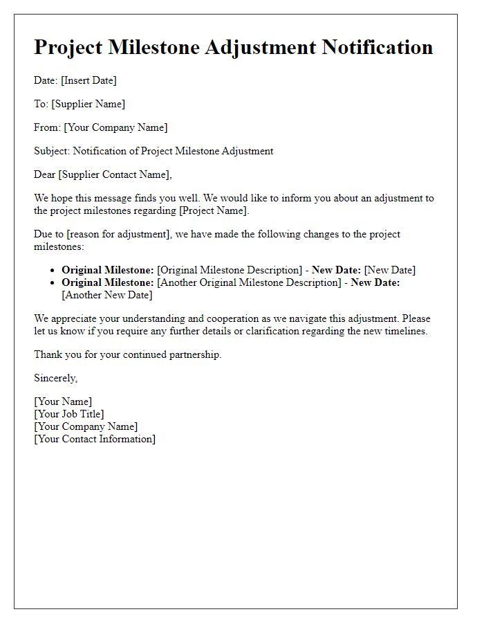 Letter template of supplier project milestone adjustment notification