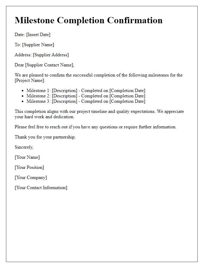 Letter template of supplier project milestone completion confirmation