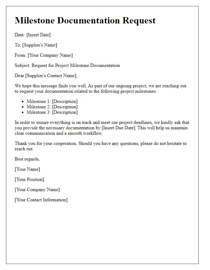 Letter template of supplier project milestone documentation request