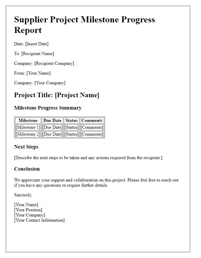 Letter template of supplier project milestone progress report