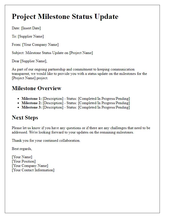 Letter template of supplier project milestone status update