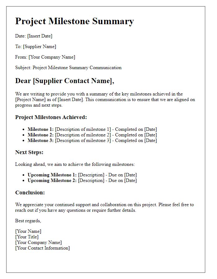 Letter template of supplier project milestone summary communication