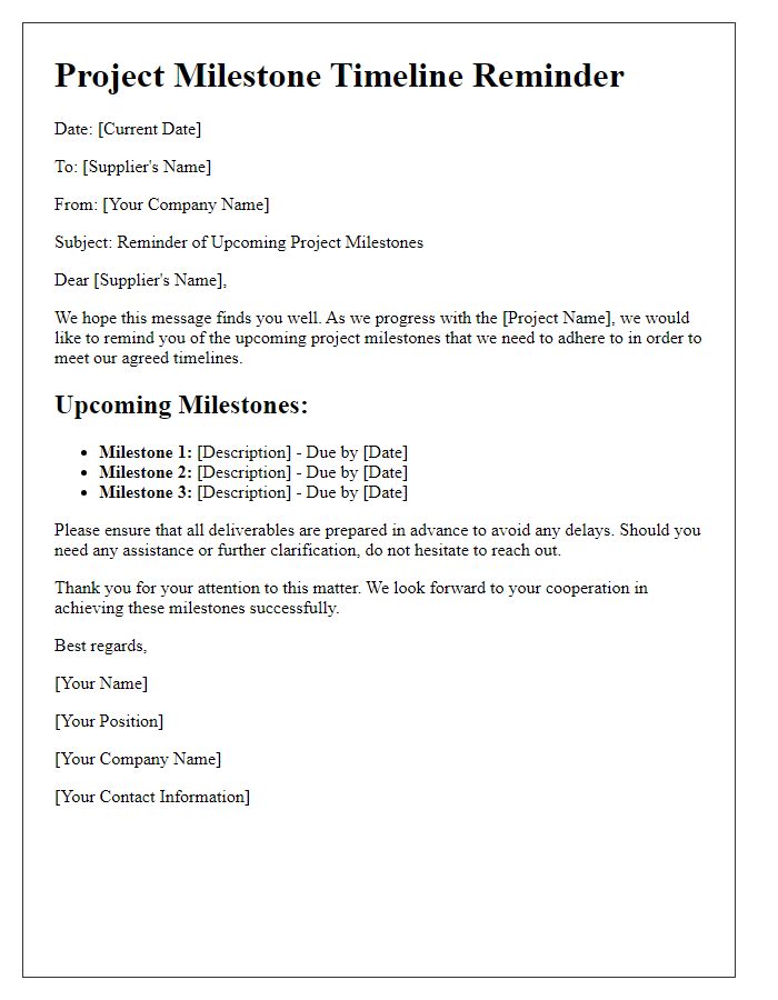 Letter template of supplier project milestone timeline reminder