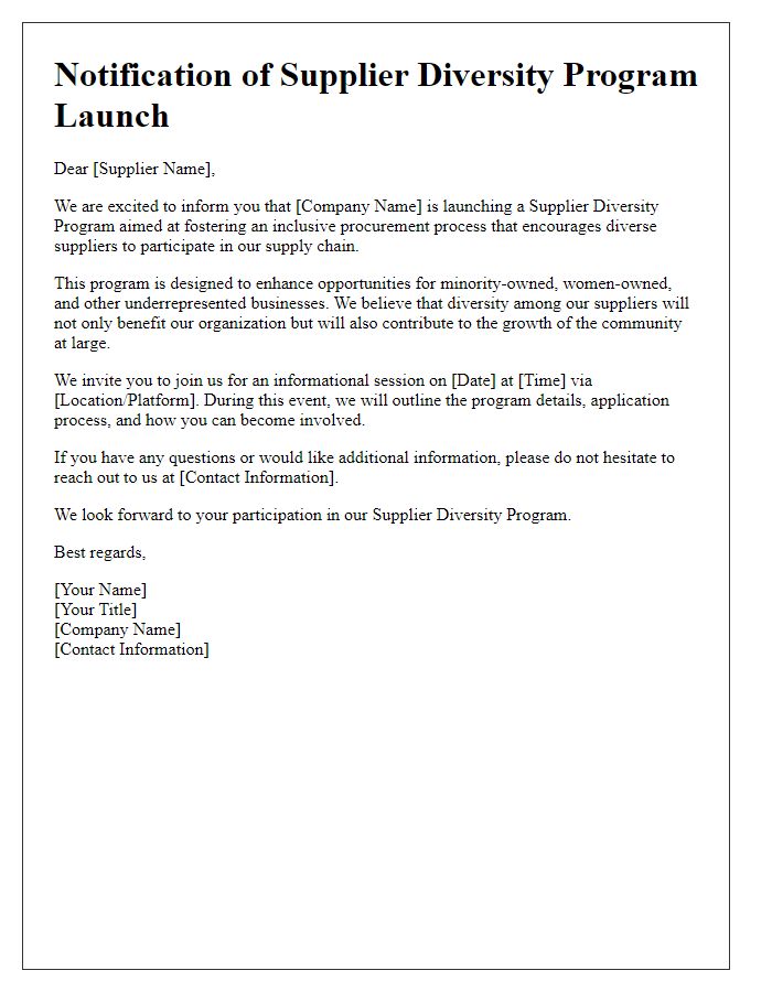 Letter template of notification for supplier diversity program launch