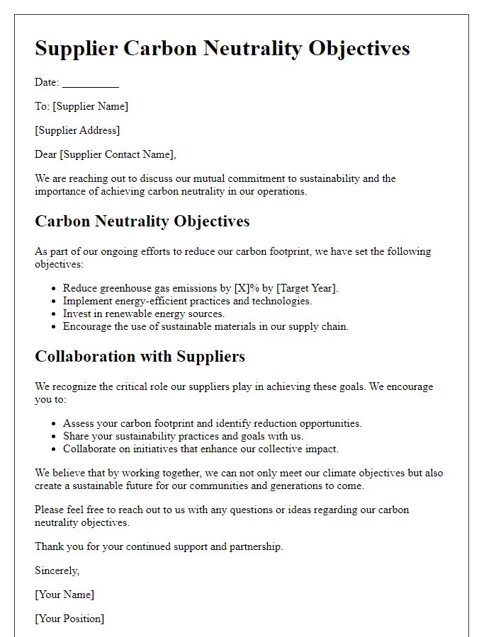 Letter template of Supplier Carbon Neutrality Objectives