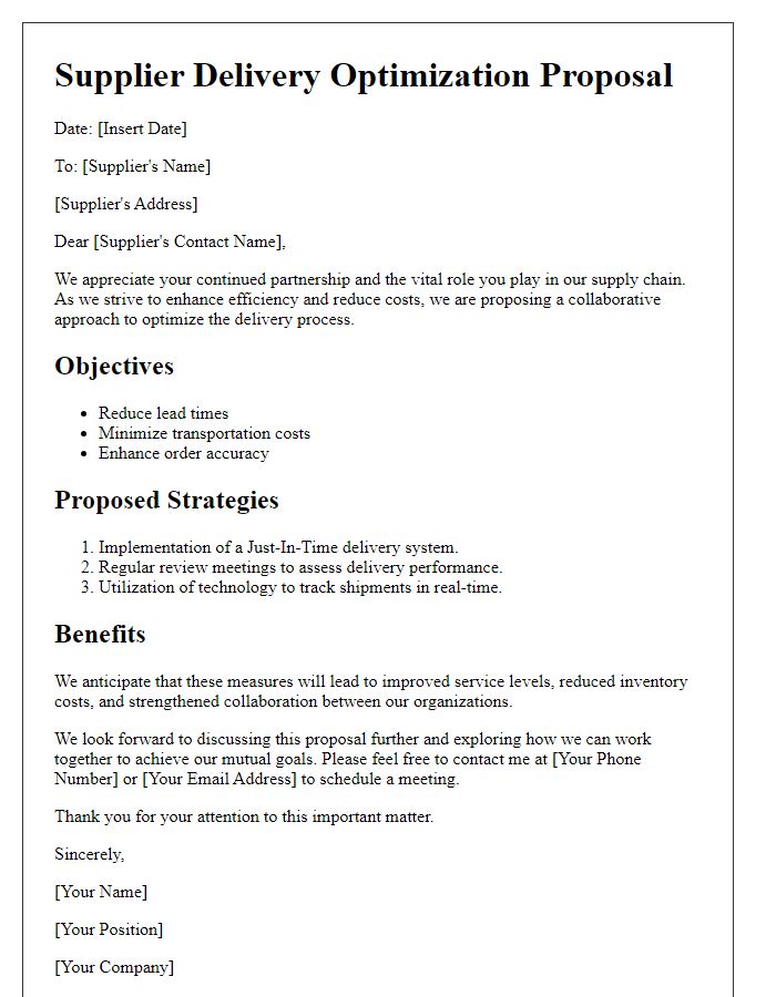 Letter template of supplier delivery optimization proposal