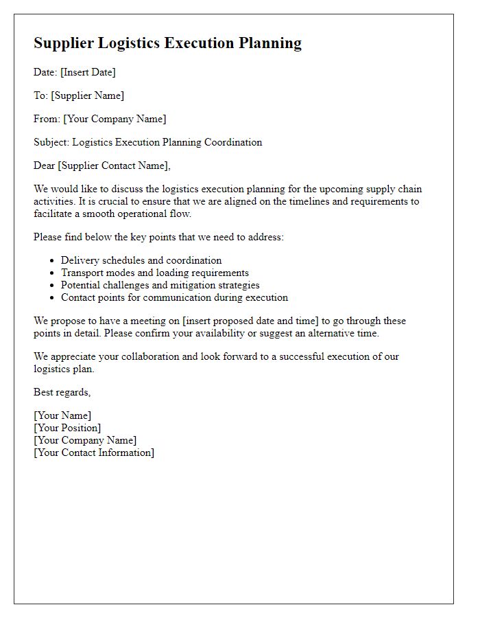 Letter template of supplier logistics execution planning