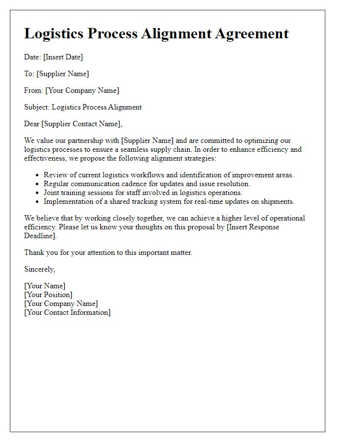 Letter template of supplier logistics process alignment