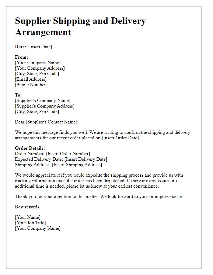 Letter template of supplier shipping and delivery arrangement