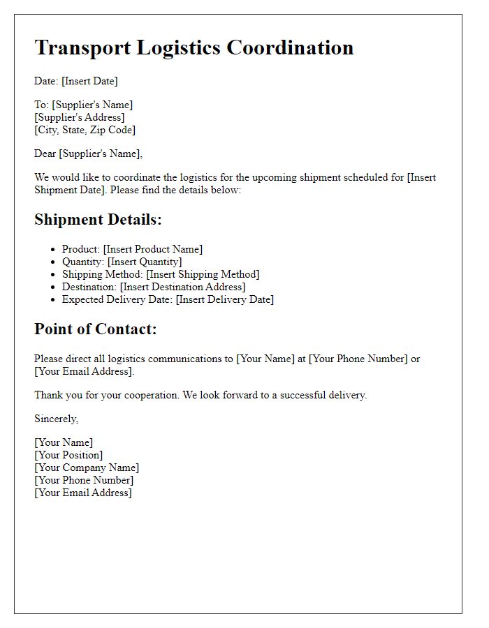 Letter template of supplier transport logistics coordination