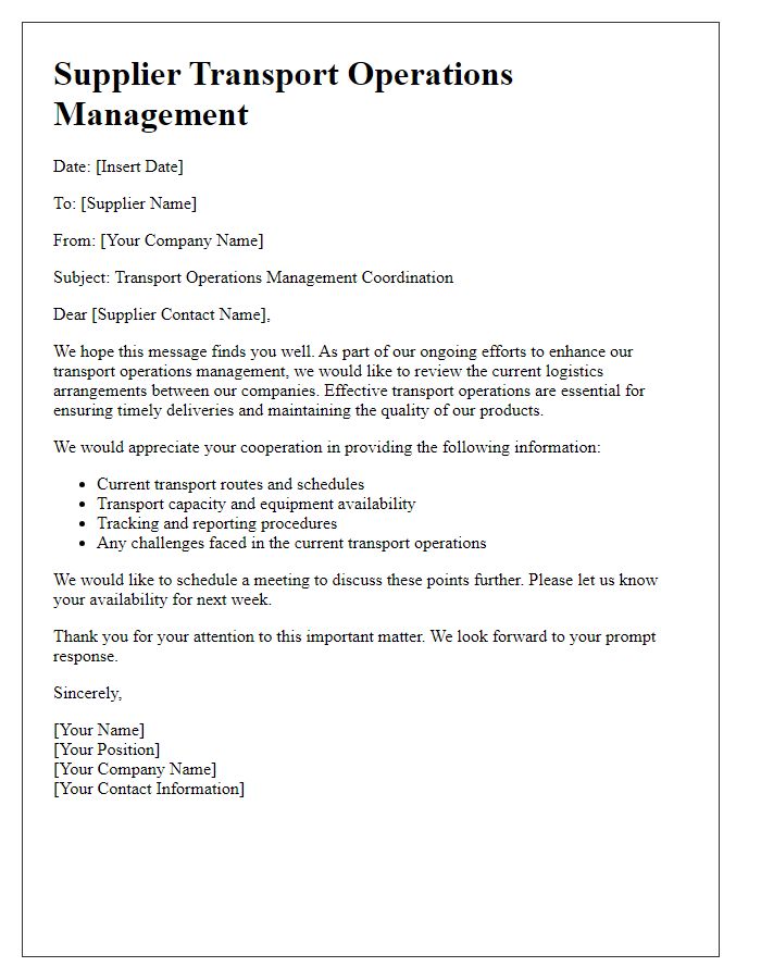 Letter template of supplier transport operations management