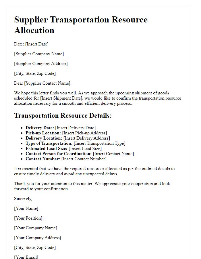 Letter template of supplier transportation resource allocation