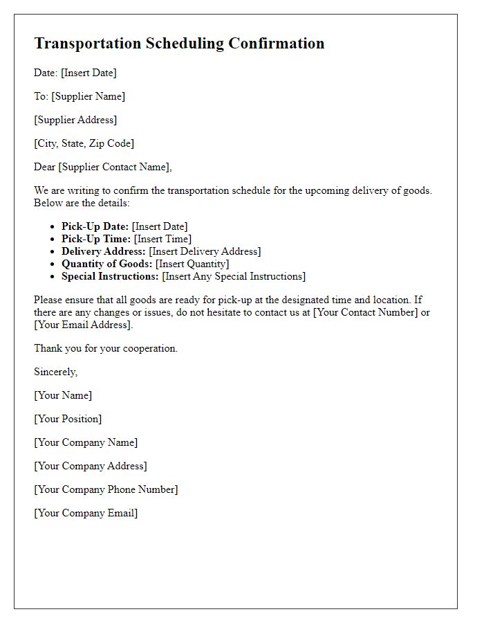 Letter template of supplier transportation scheduling