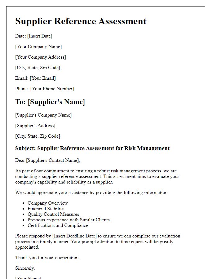 Letter template of supplier reference assessment for risk management.