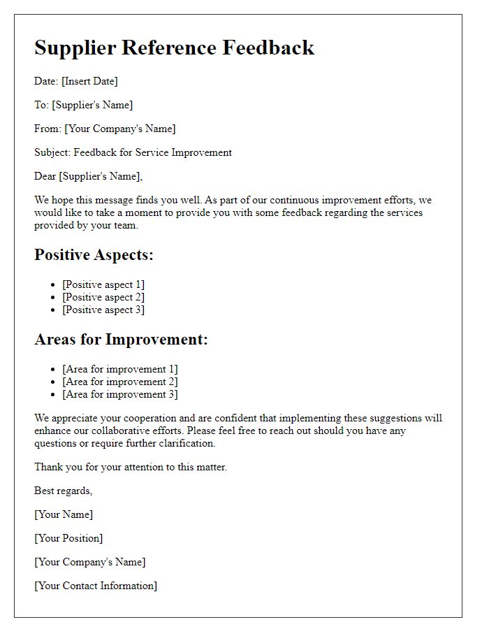 Letter template of supplier reference feedback for service improvement.