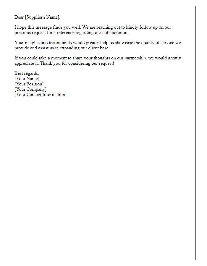 Letter template of supplier reference follow-up for client testimonials.