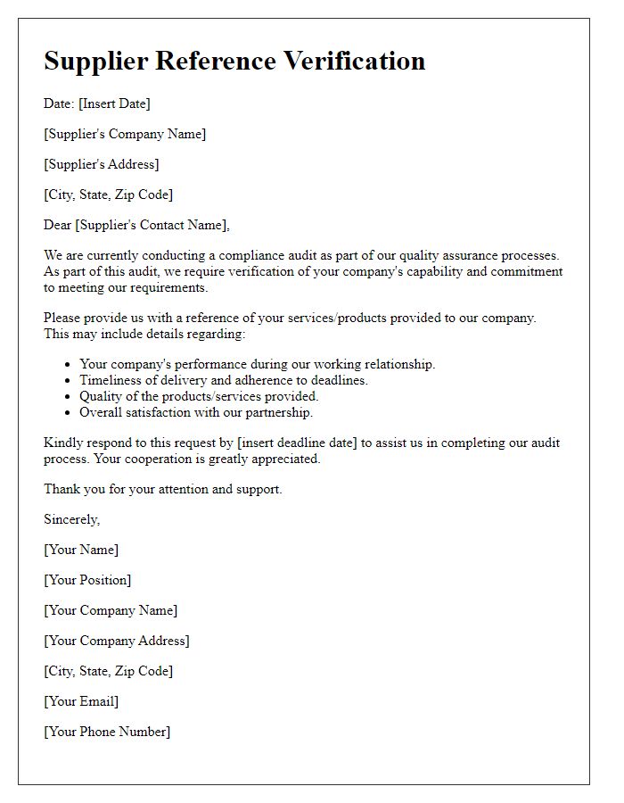 Letter template of supplier reference verification for compliance audit.