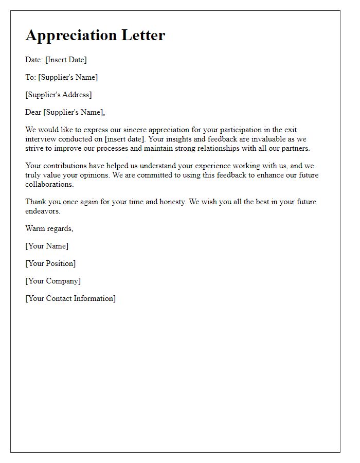 Letter template of appreciation for supplier exit interview participation