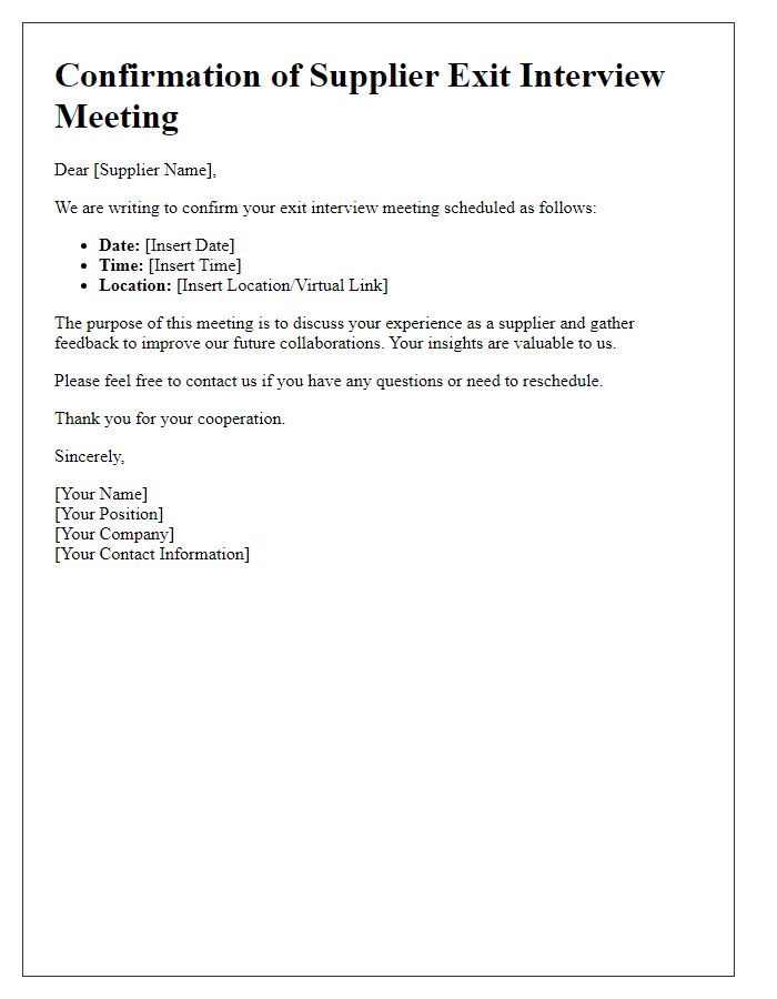 Letter template of confirmation for supplier exit interview meeting