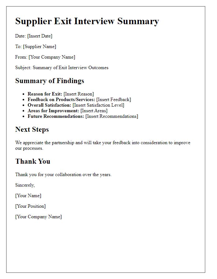 Letter template of summary for supplier exit interview outcomes