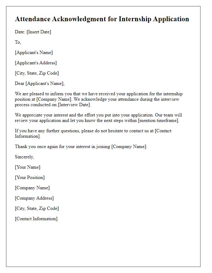 Letter template of attendance acknowledgment for internship applications.