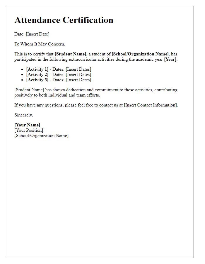 Letter template of attendance certification for extracurricular activities.