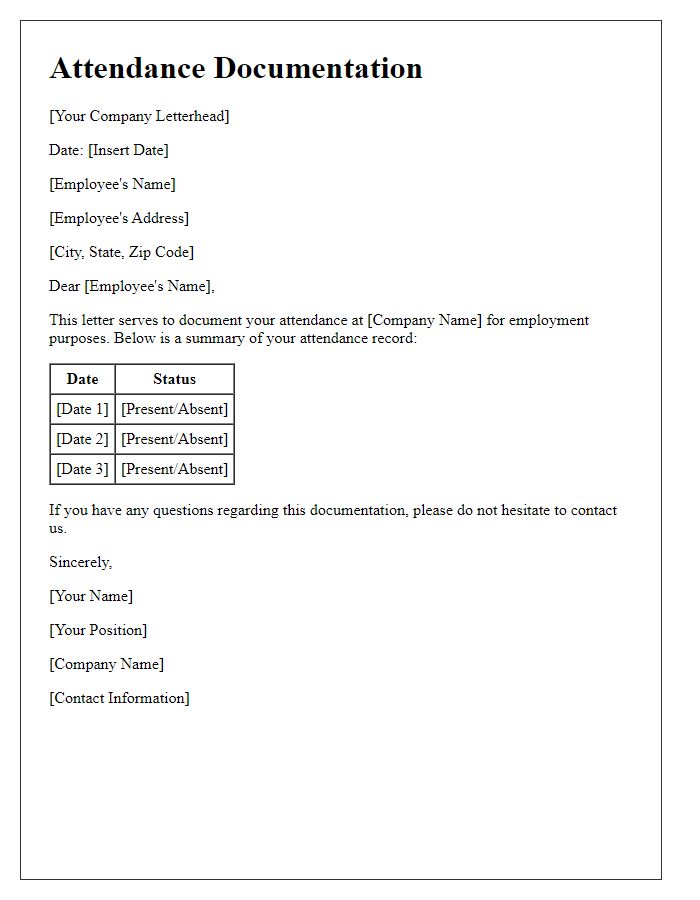 Letter template of attendance documentation for employment purposes.