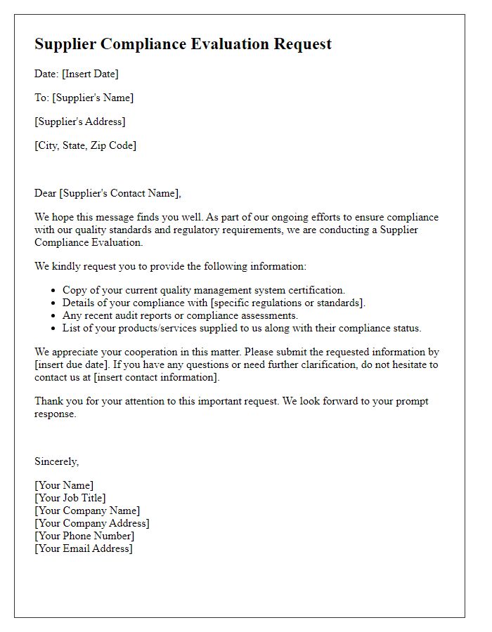 Letter template of Supplier Compliance Evaluation Request