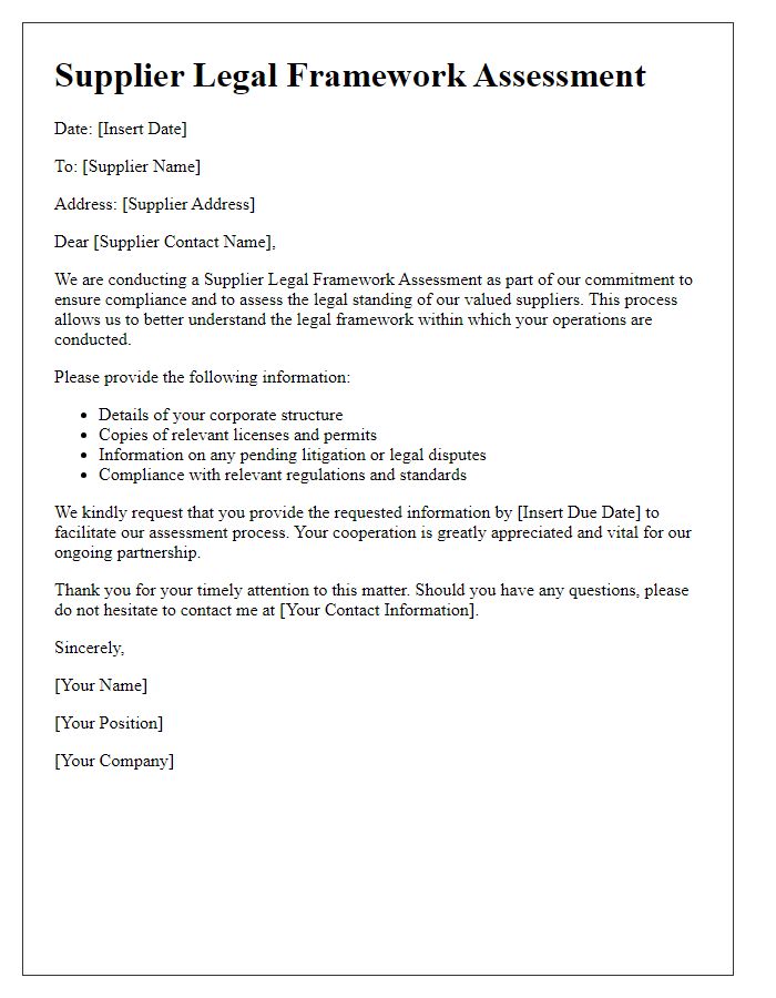 Letter template of Supplier Legal Framework Assessment