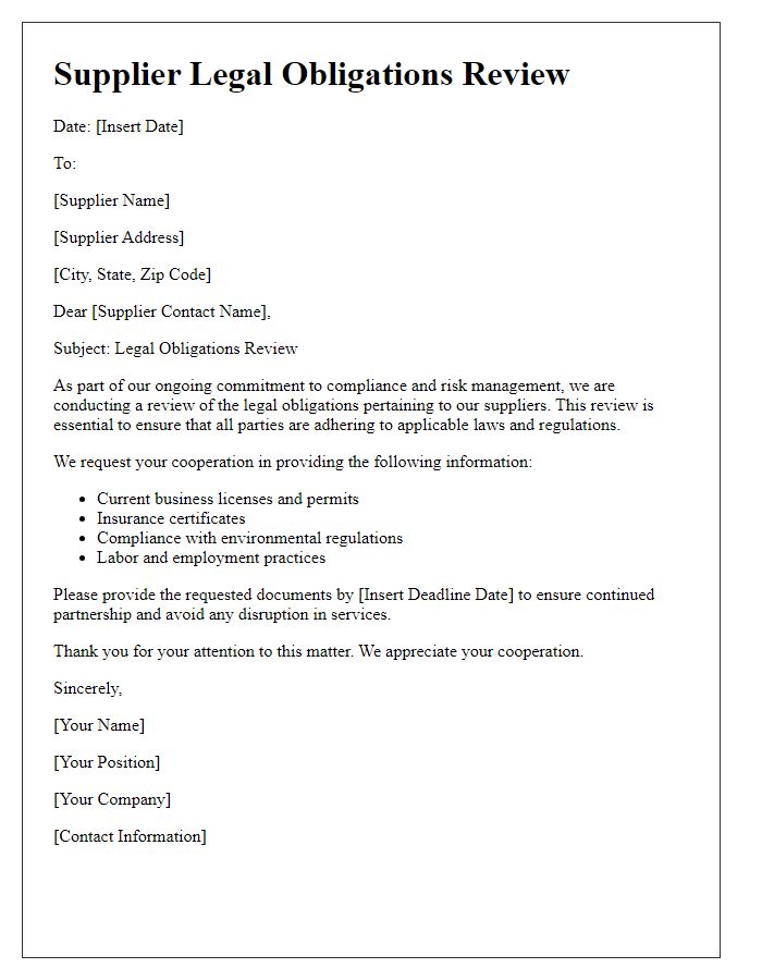 Letter template of Supplier Legal Obligations Review