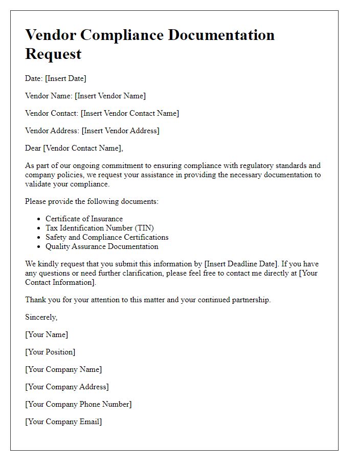 Letter template of Vendor Compliance Documentation Request