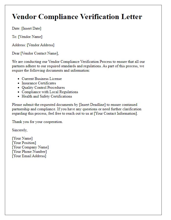 Letter template of Vendor Compliance Verification Process