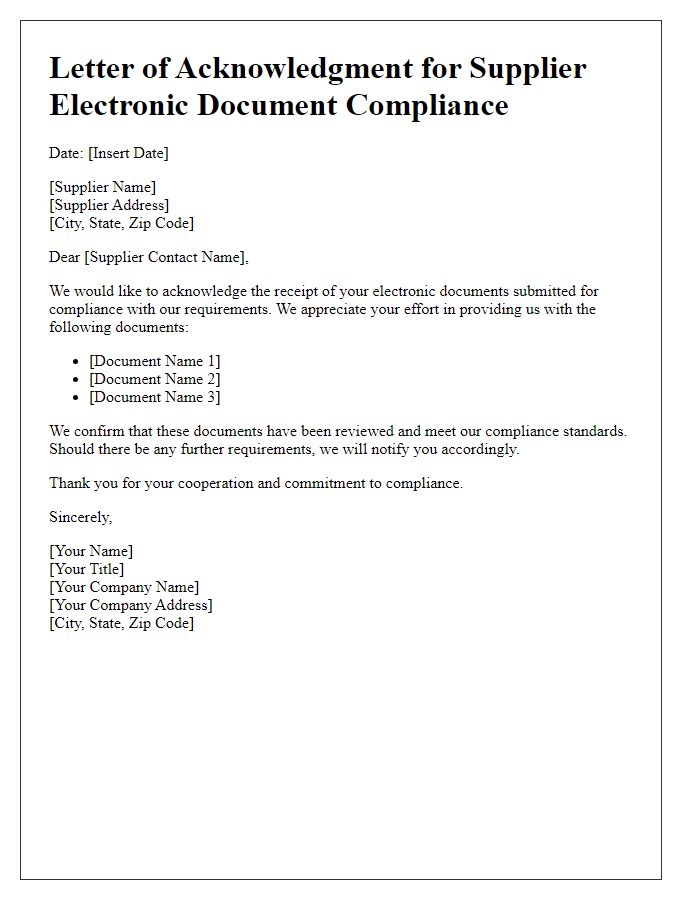 Letter template of acknowledgment for supplier electronic document compliance.