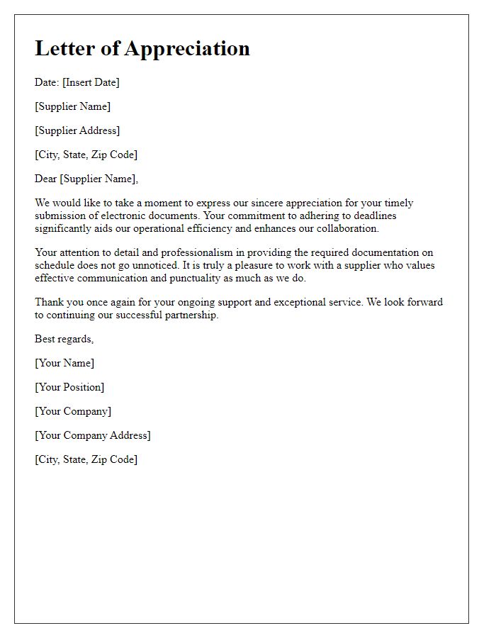 Letter template of appreciation for timely supplier electronic document submission.
