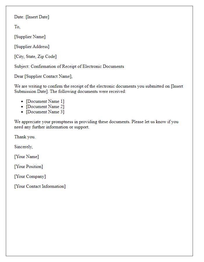 Letter template of confirmation for received supplier electronic documents.