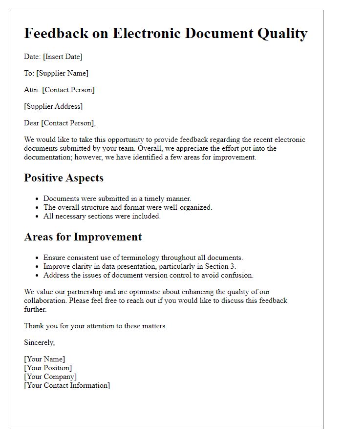 Letter template of feedback on supplier electronic document quality.